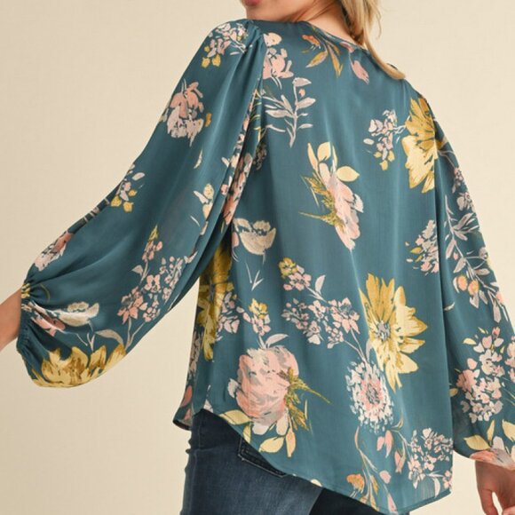 NWT Jodifl Satin Floral Print Blouse With Bubble Sleeves In Teal - Picture 2 of 6
